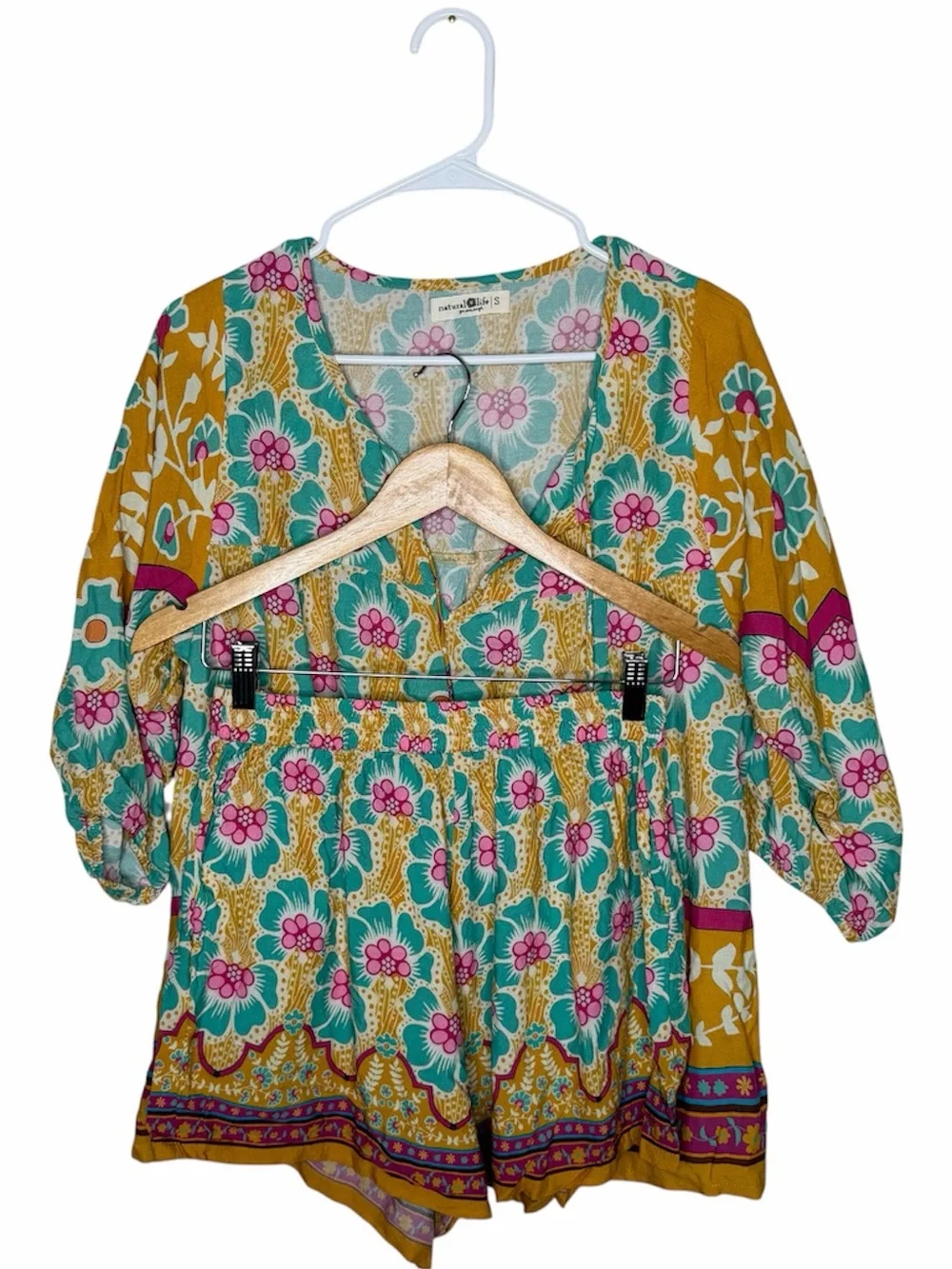 Natural Life Maribel Matching Top & Shorts Set Size Small/Medium Mustard Floral